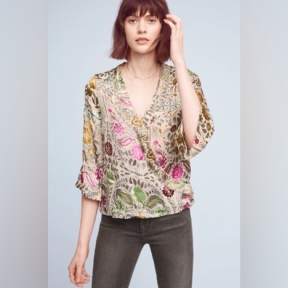 Anthropologie Tops - Anthropologie Floreat Japonica Floral Silk Blend Velvet Wrap Blouse Small